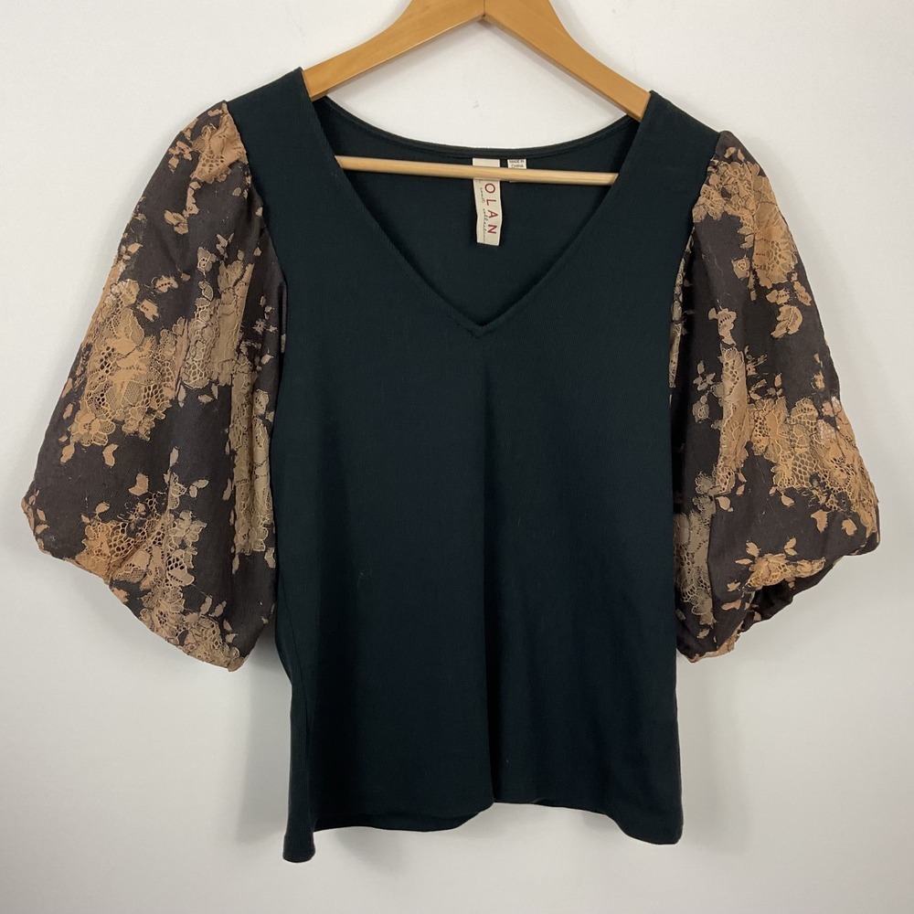 Dolan Black Lace Puff Sleeve V Neck Top Size M